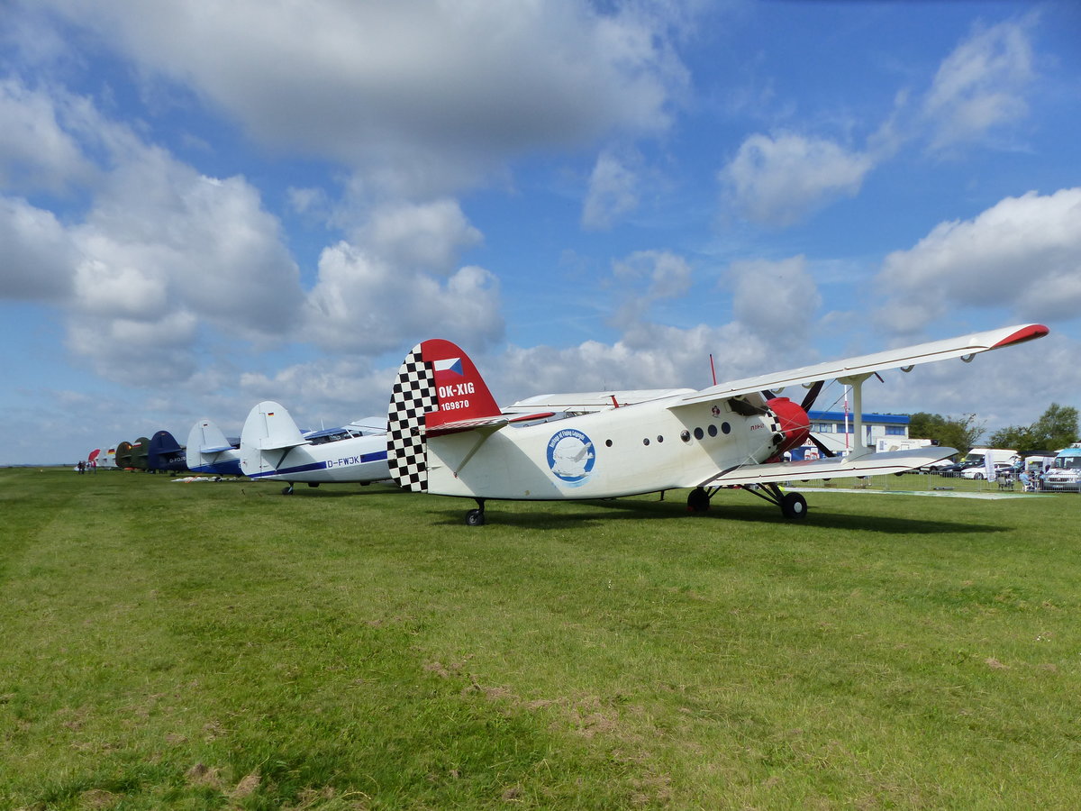 Antonow AN2 Parklinie von hinten, beim XVIII. European AN2 Meeting 2016 in Gera (EDAJ) am 13.8.2016