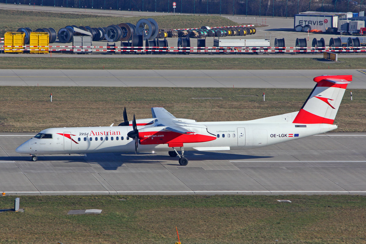 Austrian Airlines, OE-LGK, Bombardier DHC-8-402, msn: 4280,  Burgenland , 02.März 2021, ZRH Zürich, Switzerland.