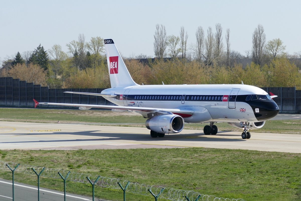 British Airways, Airbus A 319-131, G-EUPJ, '100 Years birthday'- BEA Retro livery.  Berlin- Tegel (TXL) am 04.04. 2019.