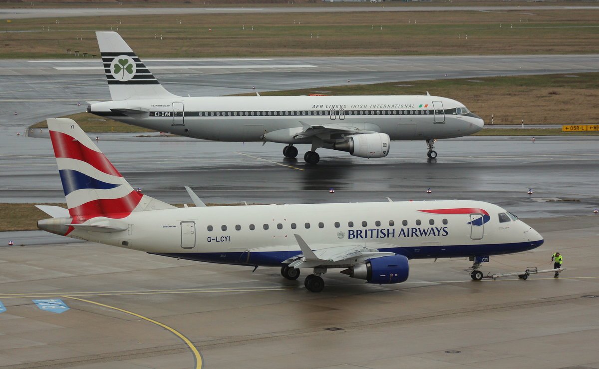 British Airways Cityflyer, G-LCYI, (c/n 170-100LR), 22.02.2017,DUS-EDDL, Düsseldorf, Germany (hinten Aer Lingus, EI-DVM, A320-214)