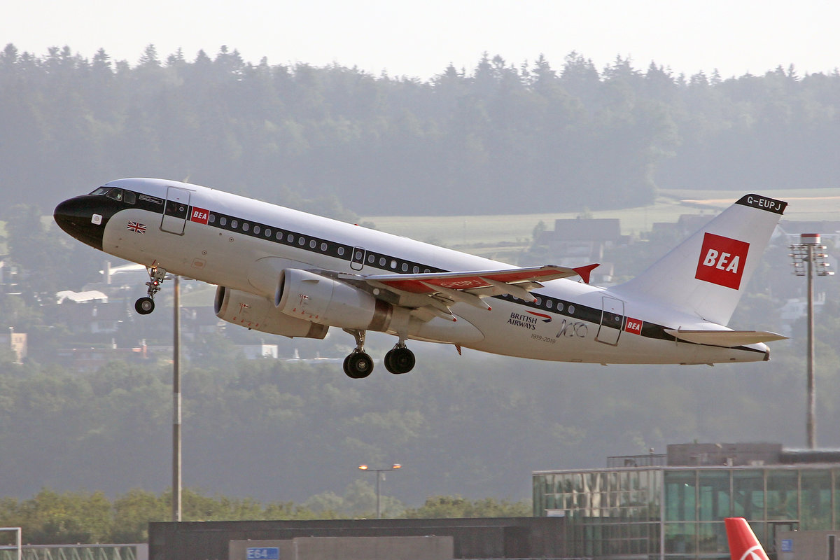British Airways, G-EUPJ, Airbus A319-131, msn: 1232, 25.Juni 2019, ZRH Zürich, Switzerland.  1919-2019  BEA Livery.