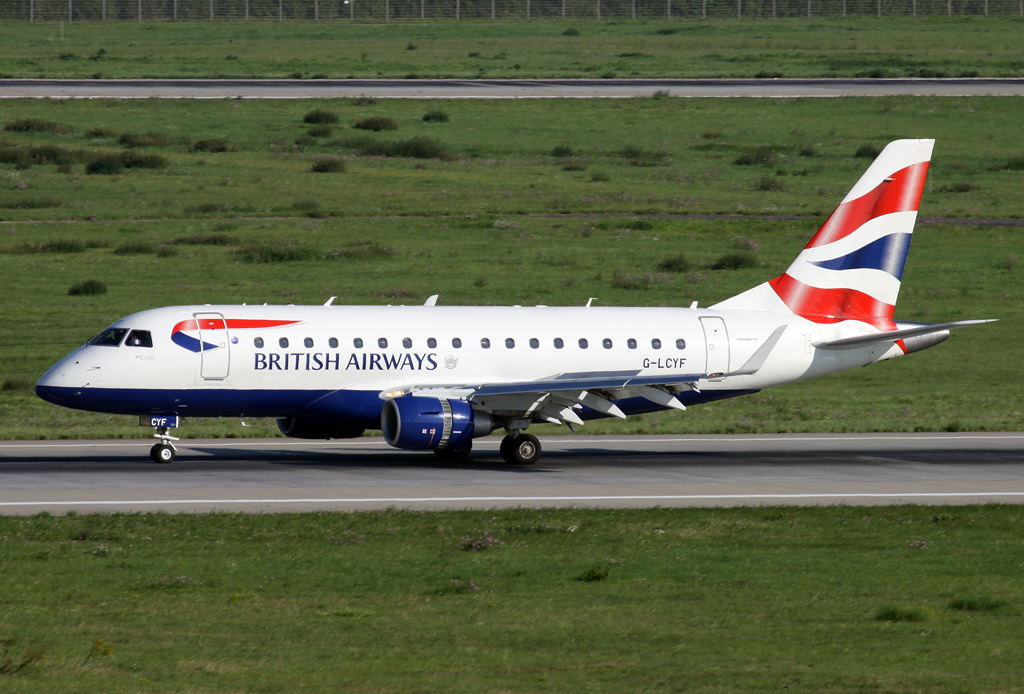 British ERJ-170 G-LCYF bei der Landung auf 23L in DUS / EDDL / Düsseldorf am 20.08.2014