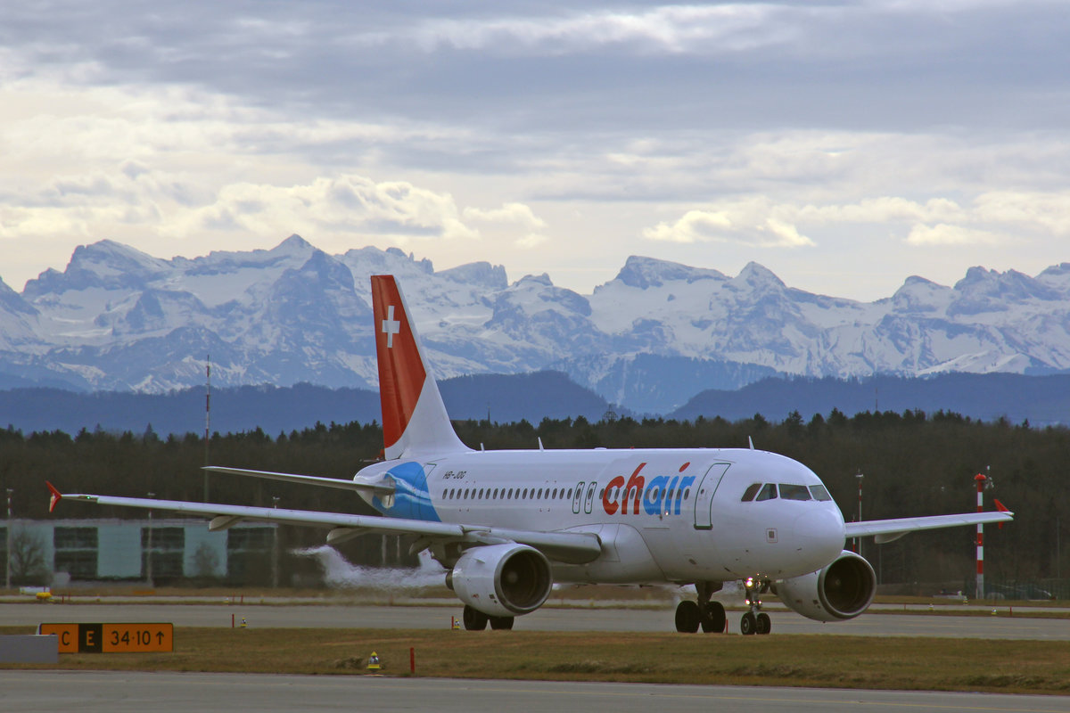 Chair Airlines, HB-JOG, Airbus A319-112, msn: 3818, 01.Februar 2020, ZRH Zürich, Switzerland.