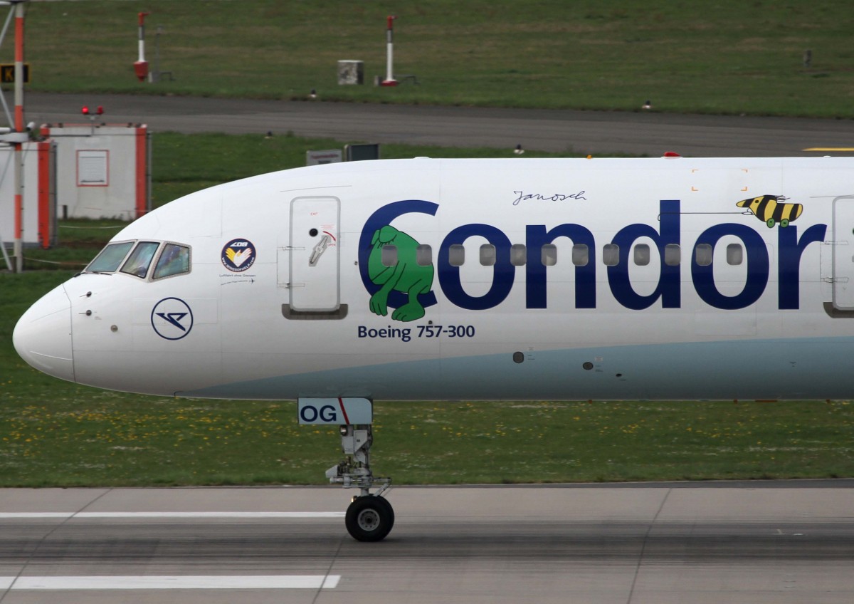 Condor, D-ABOG, Boeing, 757-300 wl (Bug/Nose ~ Janosch-Sticker & Mischlackierung  Sunny Hart ), 02.04.2014, DUS-EDDL, Dsseldorf, Germany