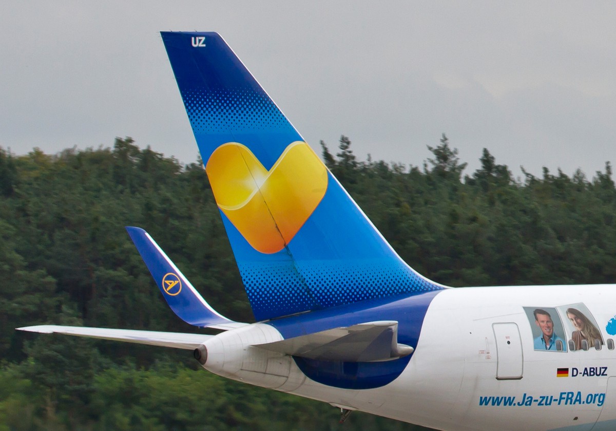 Condor, D-ABUZ, Boeing, 767-300 ER (Der  Ja zu FRA  FanFlieger ~ Misch-Lkrg.~  Seitenleitwerk/Tail), 15.09.2014, FRA-EDDF, Frankfurt, Germany