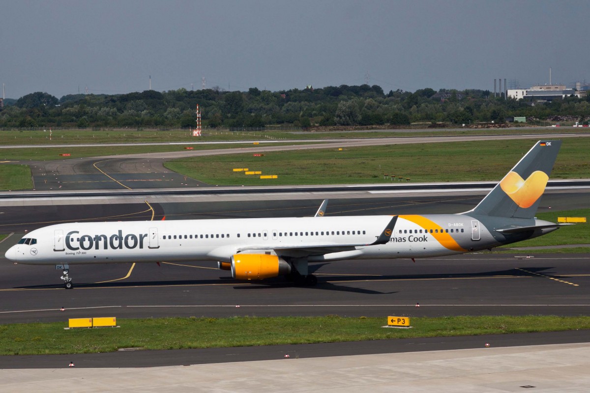 Condor (DE-CFG), D-ABOK, Boeing, 757-330 wl (neue  Sunny Heart  Lkrg.), 22.08.2015, DUS-EDDL, Düsseldorf, Germany 