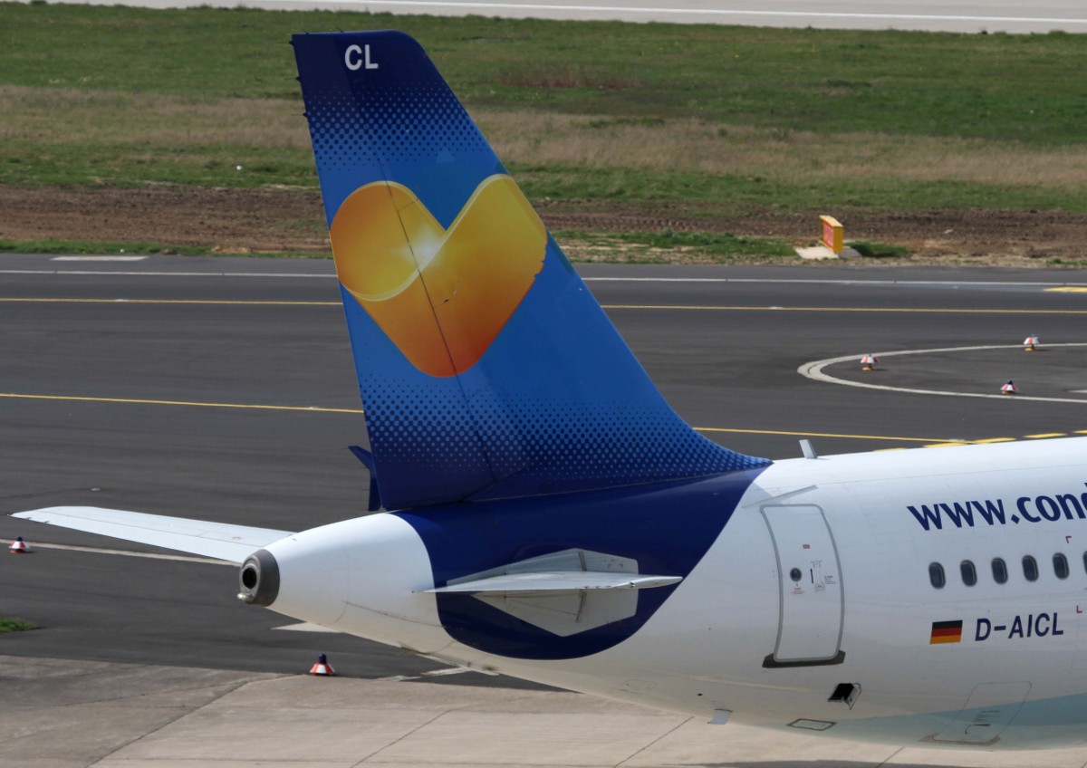 Condor (ex Condor-Berlin), D-AICL, Airbus, A 320-200 (Seitenleitwerk/Tail ~ Janosch-Sticker & Mischlackierung  Sunny Hart ), 02.04.2014, DUS-EDDL, Dsseldorf, Germany