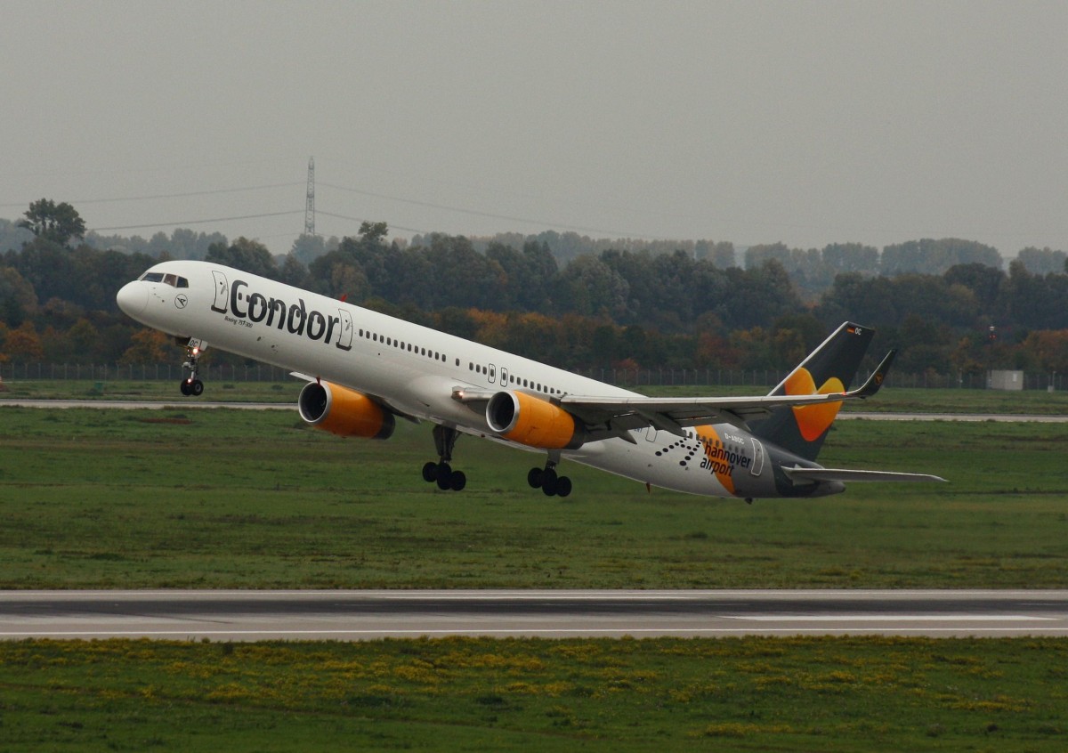 Condor,D-ABOC,(c/n 29015),Boeing 757-330(WL), 24.10.2015,Düsseldorf,Germany(Sticker:Hannover Airport)