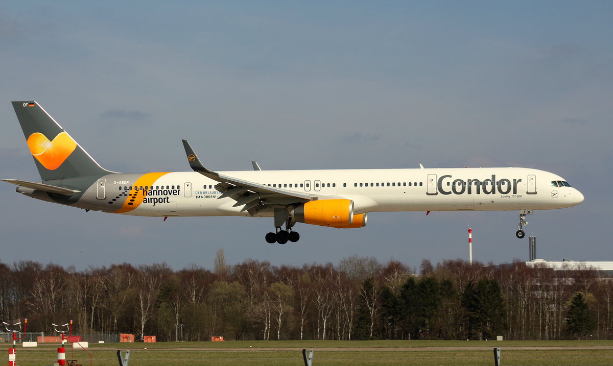 Condor,D-ABOF,(c/n 29013),Boeing 757-330(WL),02.04.2016,HAM-EDDH,Hamburg,Germany(Sticker:Airport Hannover)