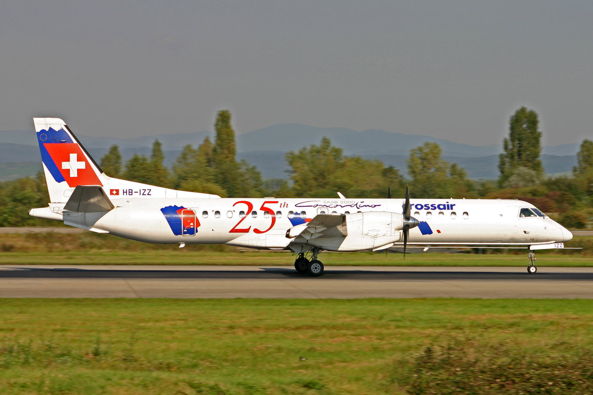 Crossair, HB-IZZ, Saab 2000, msn: 48,  25 th Saab 2000 , 21.September 2005, BSL Basel-Mülhausen, Switzerland.