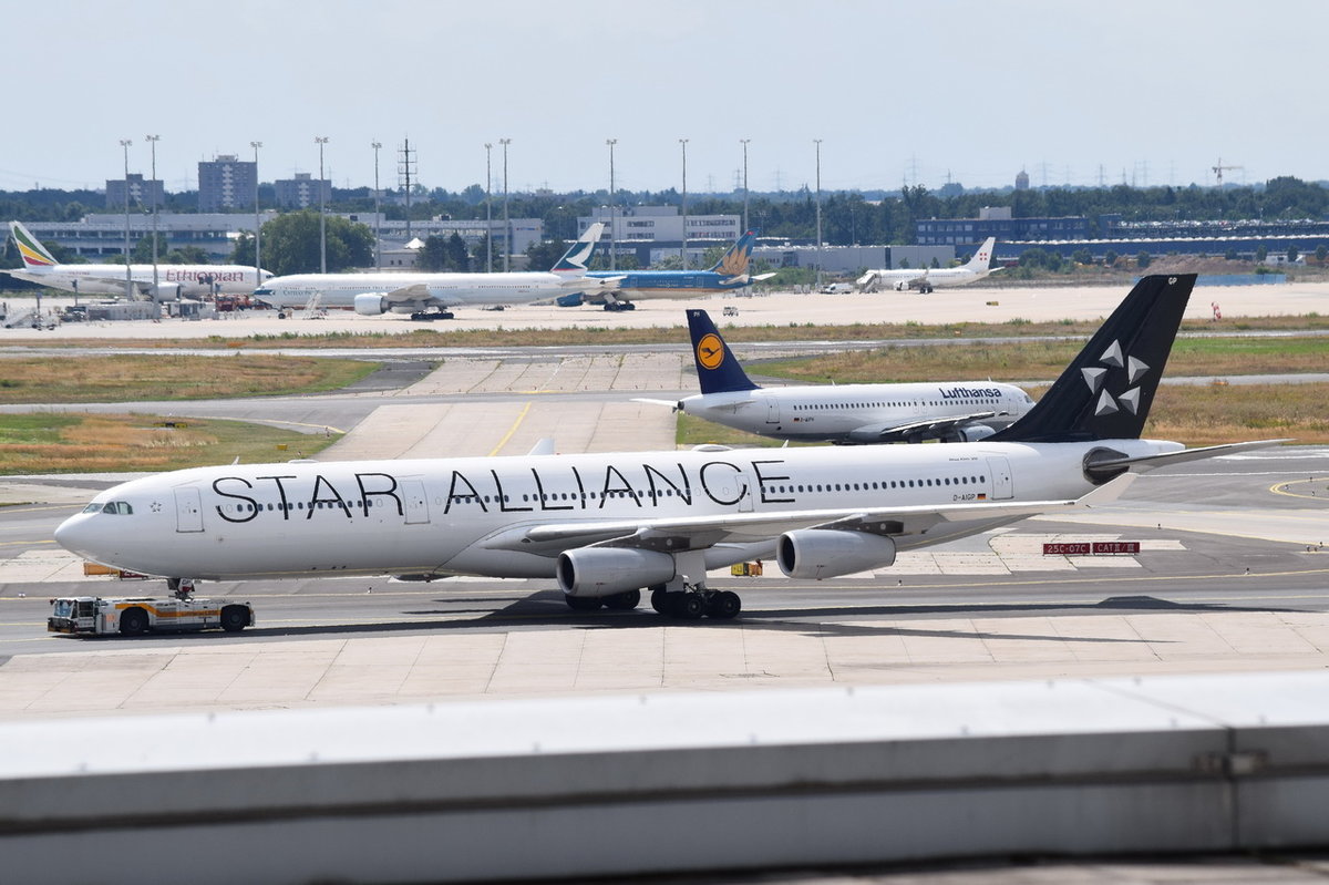 D-AIGP Lufthansa Airbus A340-313  Paderborn   in Frankfurt zum Gate am 01.08.2016