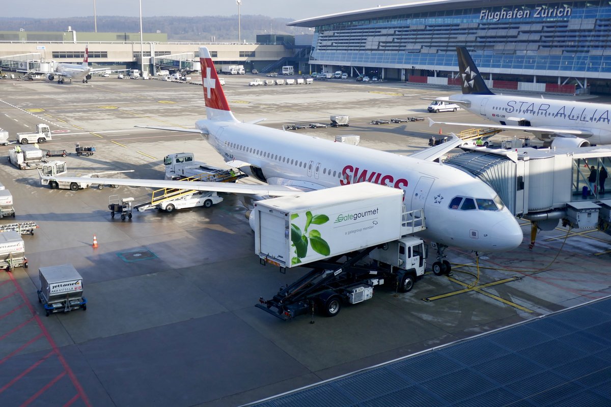 Der Swiss A320-214 HB-JLP am 19.1.19 bei seinem Gate am Flughafen Zürich.