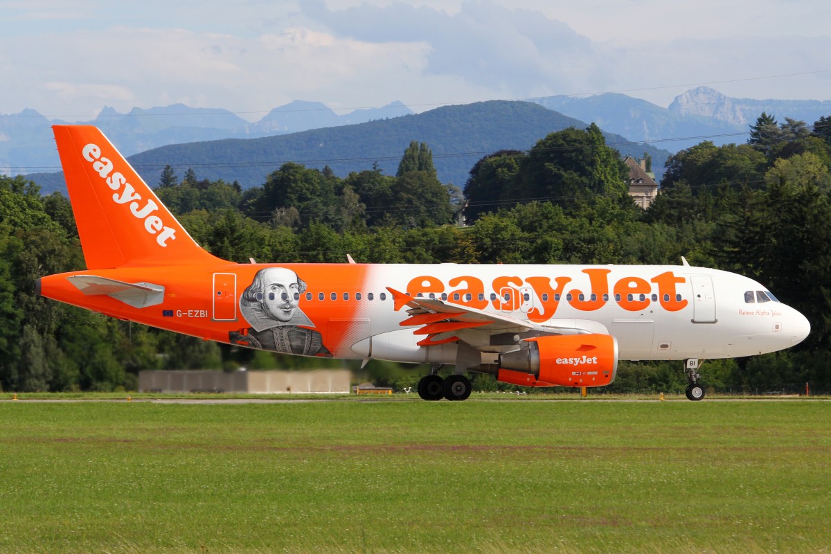 easyJet, G-EZBI, Airbus A319-111, 9. August 2014, GVA Genève, Switzerland. Mit Sonderbemalung:  William Shakespeare, Romeo Alpha Juliet .