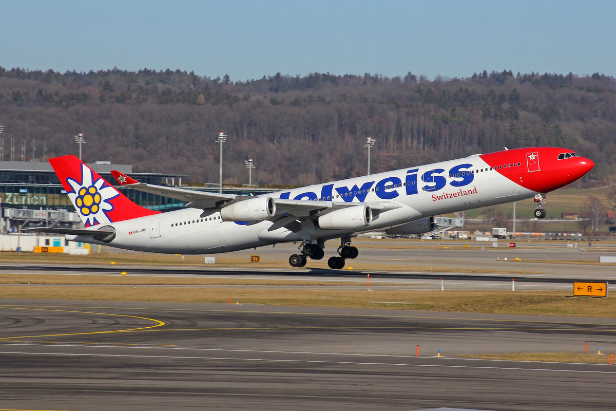 Edelweiss Air, HB-JME, Airbus A340-313X, msn: 559,  Pilatus , 27.Februar 2019, ZRH Zürich, Switzerland.