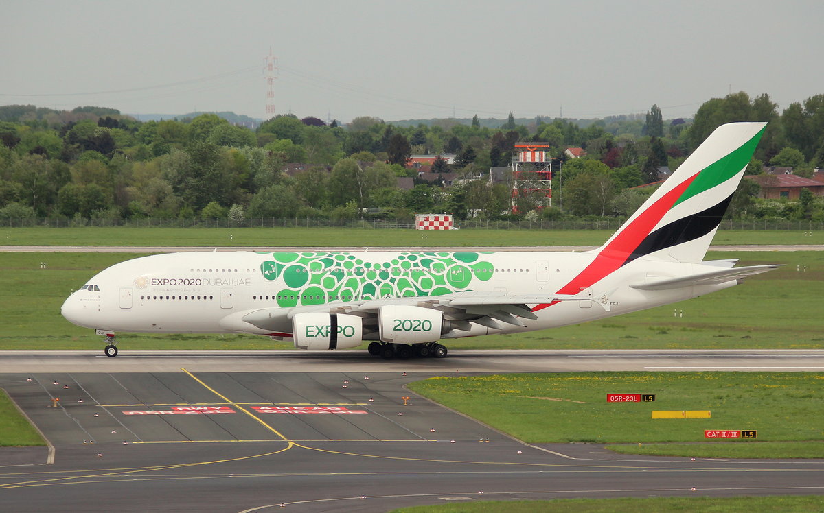 Emirates, A6-EOJ,MSN 182, Airbus A 380-861,27.04.2018,DUS-EDDL, Düsseldorf, Germany (Expo 2020 Dubai green livery) 