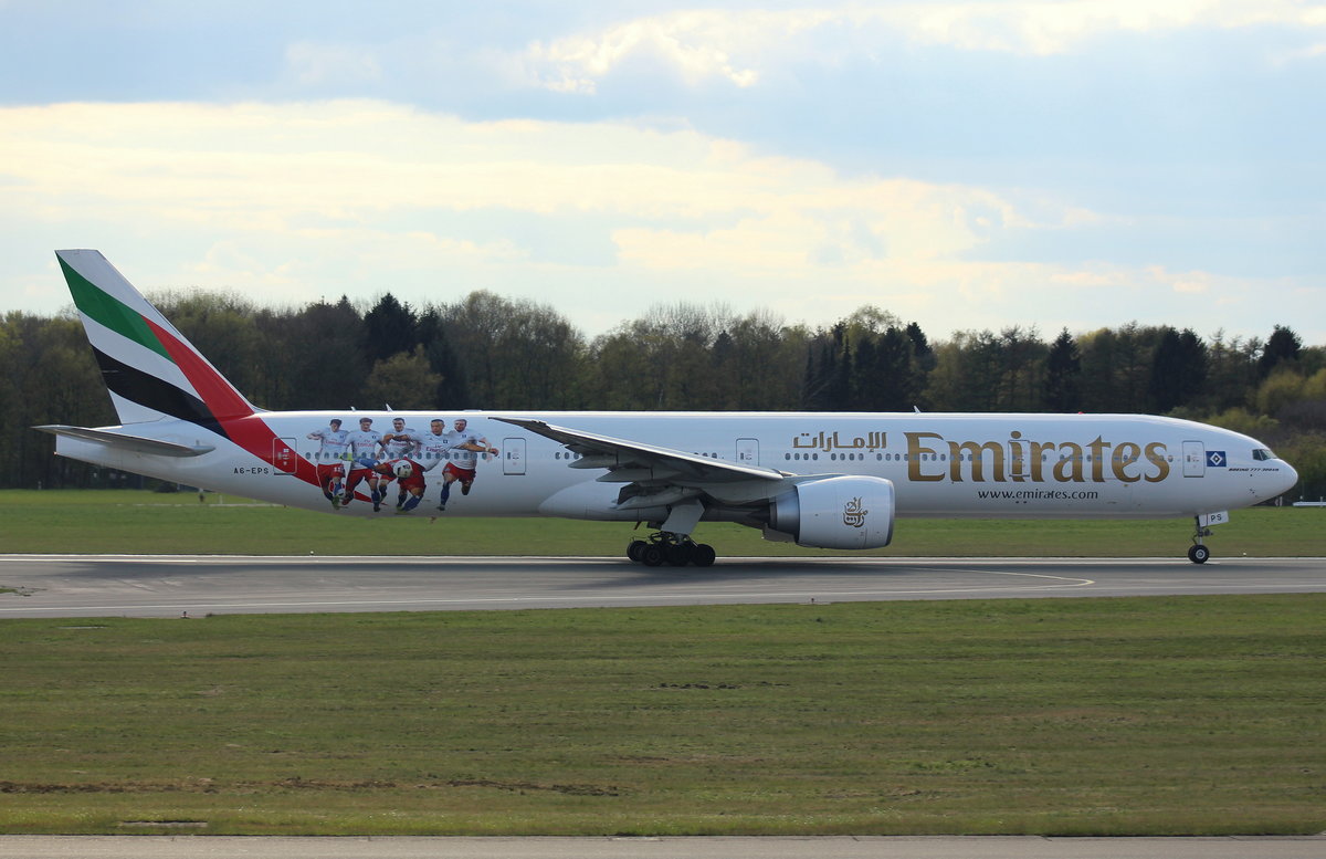 Emirates, A6-EPS, MSN 42338, Boeing 777-31H(ER), 19.04.2017, HAM-EDDH, Hamburg, Germany (HSV Hamburg Logo Jet) 