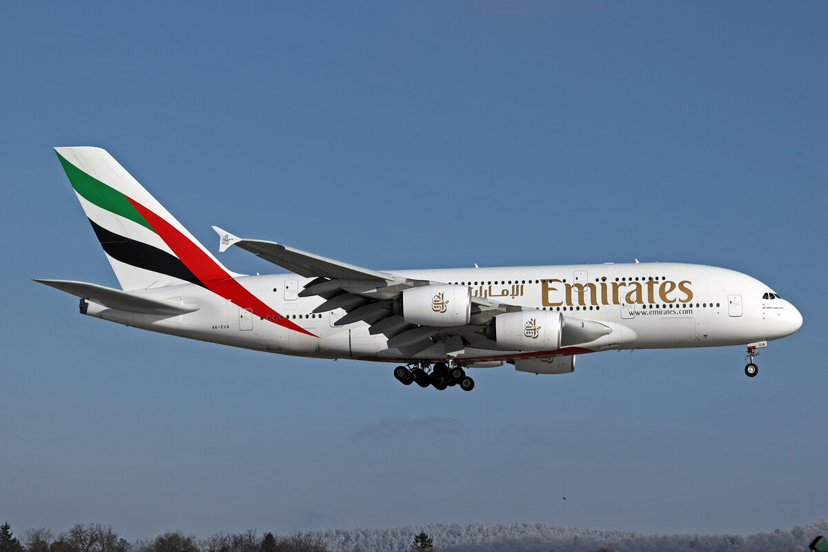 Emirates, A6-EUA, Airbus A380-861, msn: 211, 14.Januar 2024, ZRH Zürich, Switzerland.