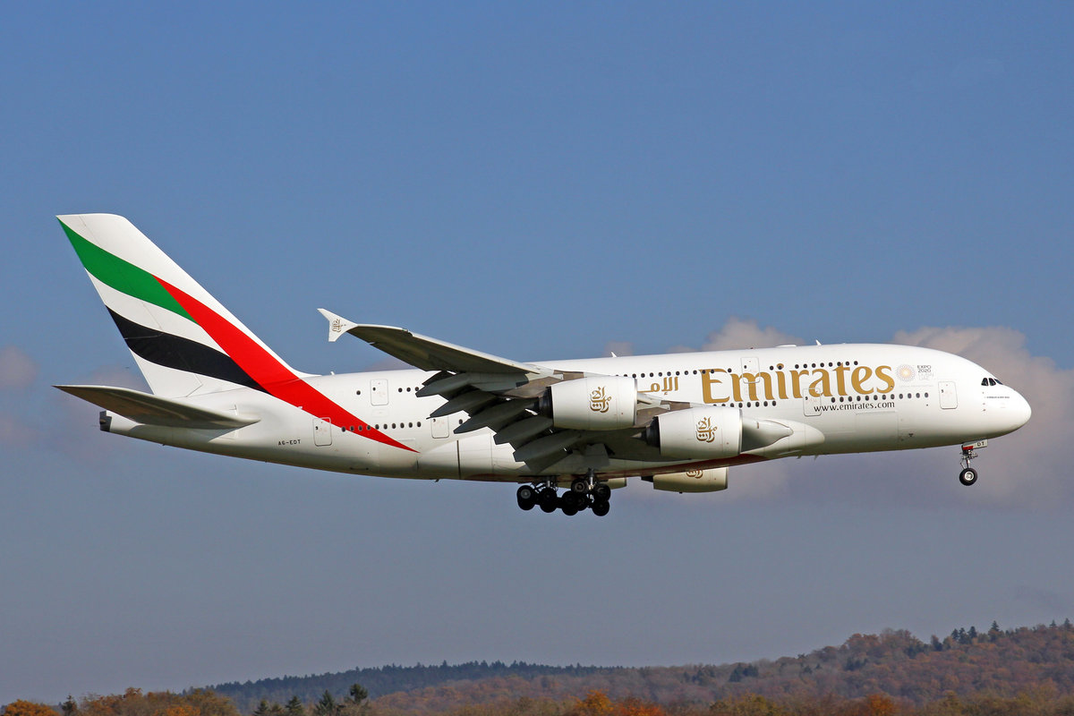 Emirates Airlines, A6-EDT, Airbus A380-861, mit neuem Sticker  Expo Dubai 2020 , 03.November 2017, ZRH Zürich.