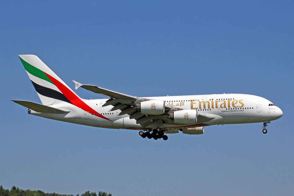 Emirates Airlines, A6-EOA, Airbus A380-861, 7.August 2017, ZRH Zürich, Switzerland.