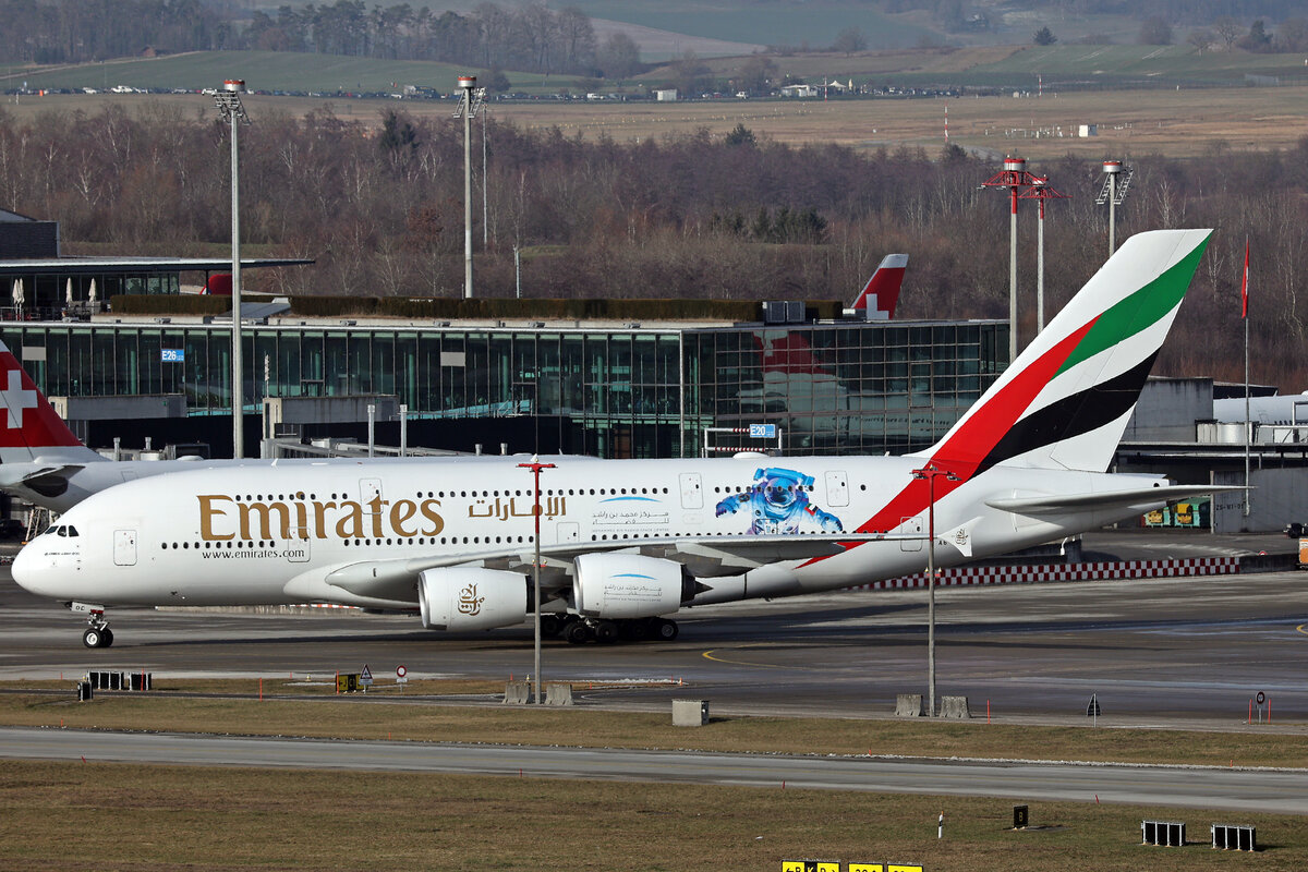 Emirates Airlines, A6-EOC, Airbus A380-861, msn: 165,  Mohammed bin Rashid Space Centre , 16.Januar 2024, ZRH Zürich, Switzerland.