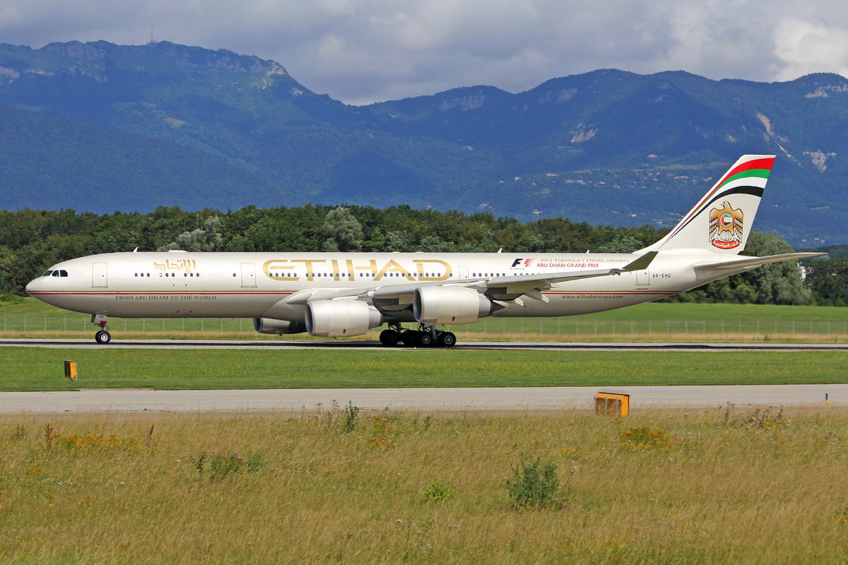 Etihad Airways, A6-EHD, Airbus A340-541, msn: 783, 12.Juli 2012, GVA Genève, Switzerland.