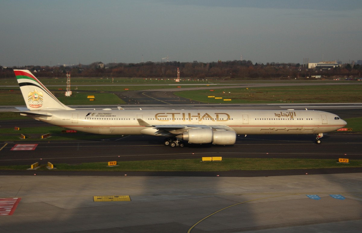 Etihad,A6-EHF,(C/N 837),Airbus A 340-642,27.12.2015,DUS-EDDL, Düsseldorf, Germany (Sticker:2016 Formula 1 Abu Dhabi Grand Prix)