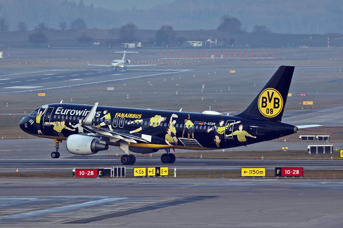 Eurowings, D-AEWM, Airbus A320-214, msn: 7259,  Borussia Dortmund , 24.Januar 2025, ZRH Zürich, Switzerland.