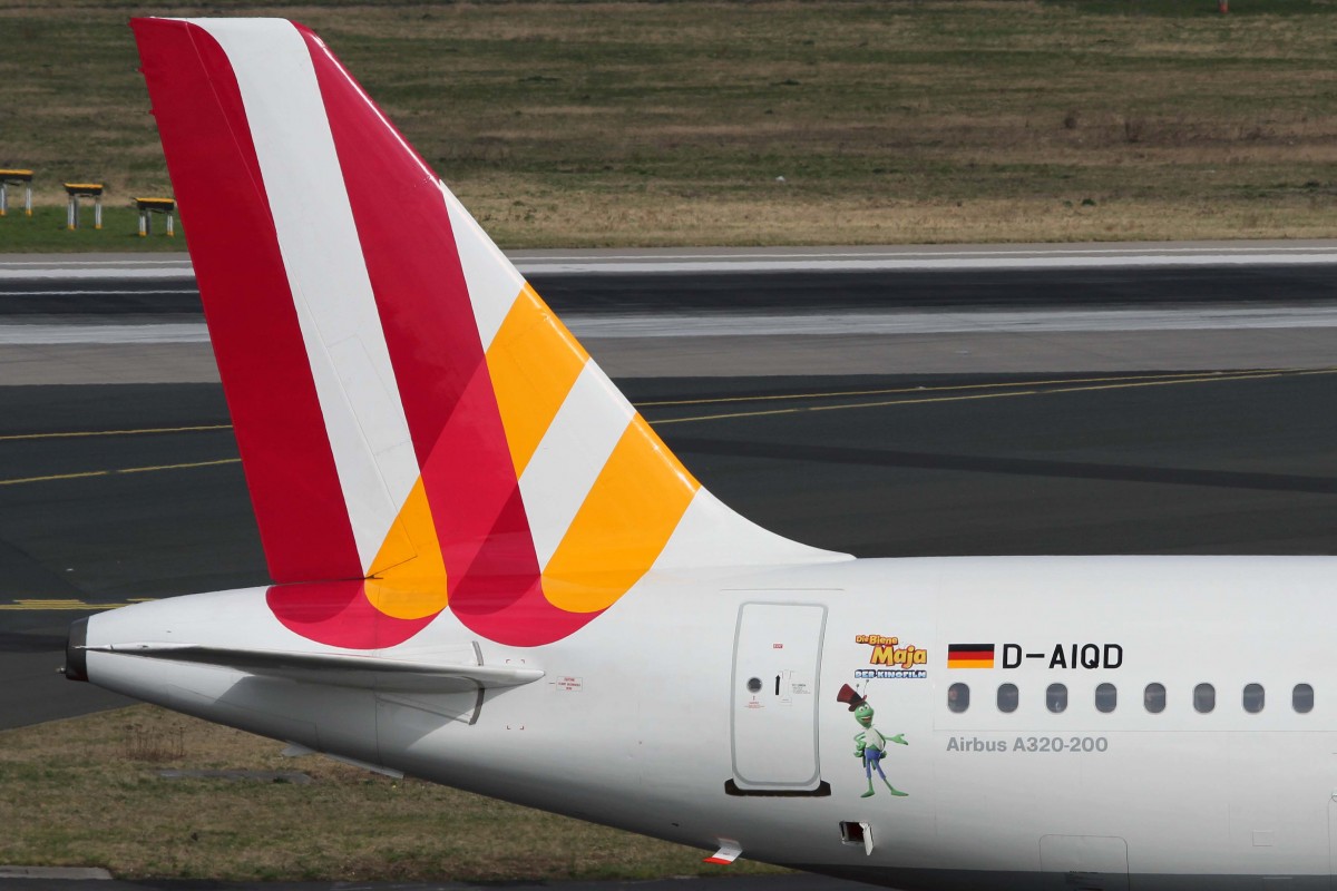 Germanwings, D-AIQD, Airbus, A 320-211 (Seitenleitwerk/Tail ~ Biene Maja-Sticker ~ neue GW-Lkrg.), 03.04.2015, DUS-EDDL, Düsseldorf, Germany