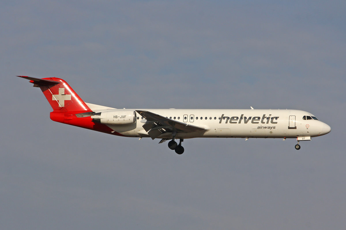 Helvetic Airways, HB-JVF, Fokker 100, msn: 11466, 21.Februar 2019, ZRH Zürich, Switzerland.