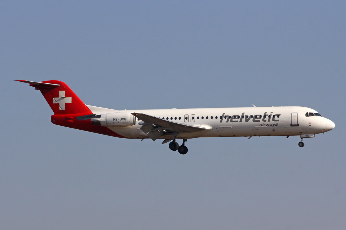 Helvetic Airways, HB-JVG, Fokker 100, msn: 11478, 21.Februar 2019, ZRH Zürich, Switzerland.