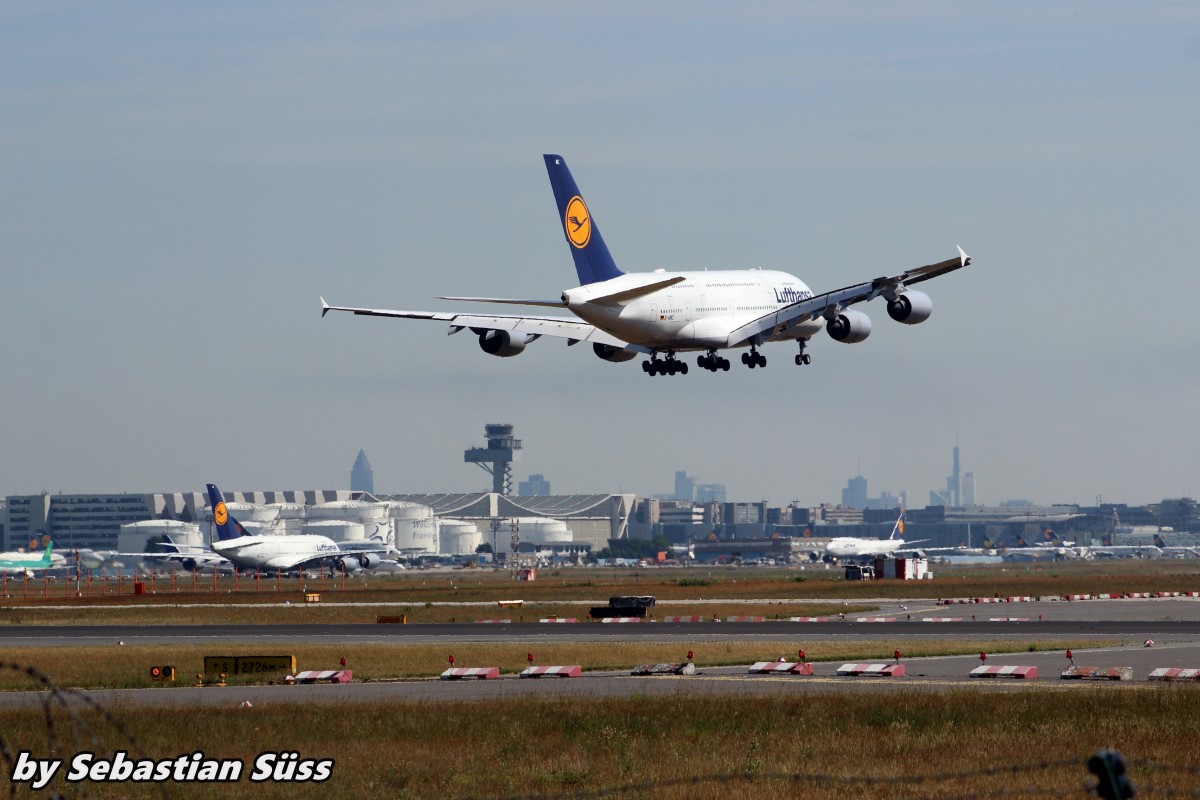 LH A380 D-AIMC arrives at Frankfurt after a long flight from Houston. 5.6.15