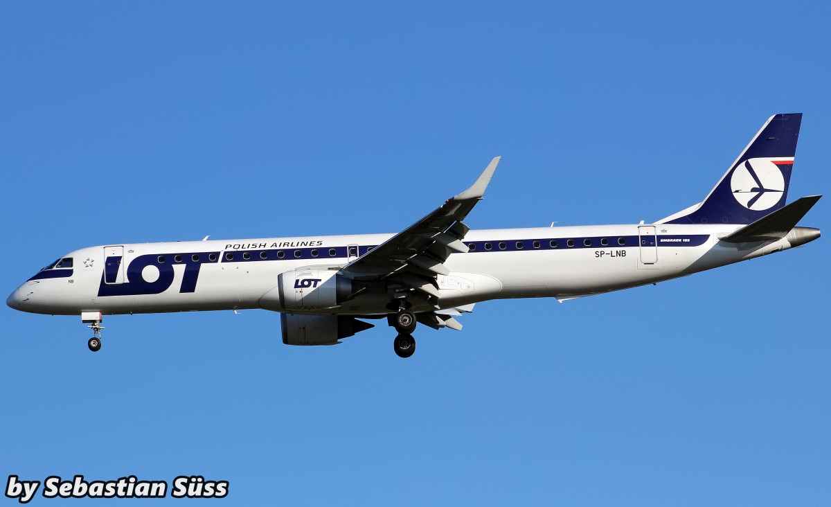 LOT Polish Airlines Embraer 195 on short final rwy 05L at Dusseldorf 4.4.15