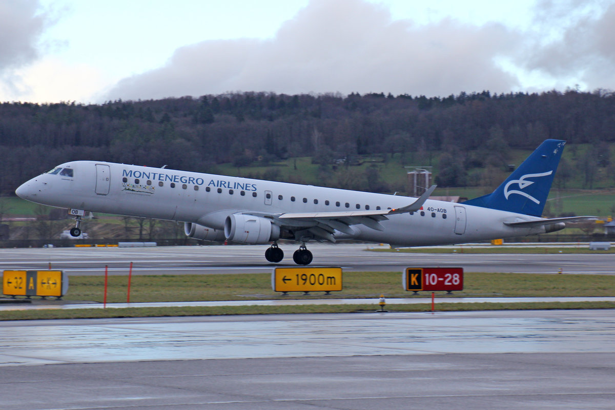 Montenegro Airlines, 4O-AOB, Embraer Emb-195LR, msn: 19000283, 21.Januar 2018, ZRH Zürich, Switzerland.