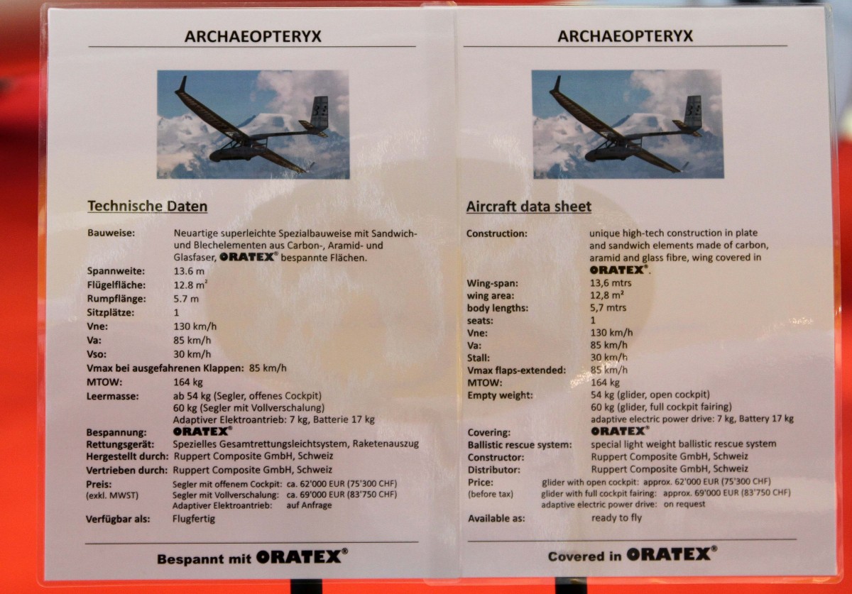 ohne Reg.-Nr., Ruppert, Archaeopteryx (Techn. Beschreibung), 24.04.2013, Aero 2013 (EDNY-FDH),Friedrichshafen, Germany