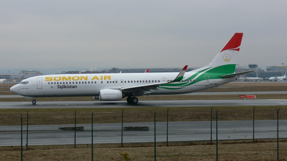Somon Air P4-TAY mit einer Boeing 737-93Y(ER) am 18.02.2012 in Frankfurt.