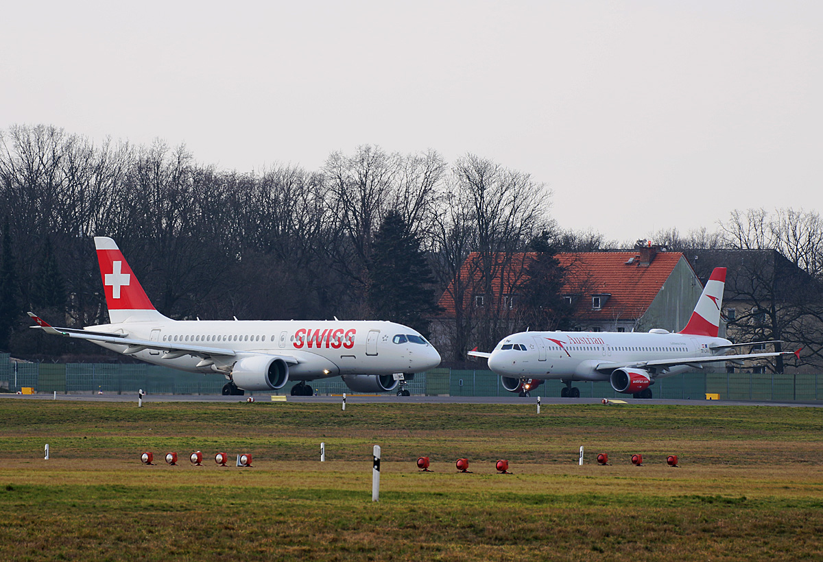 Swiss, Airbus A 220-100, HB-JBC, Austrian Airlines, Airbus A 320-214, OE-LBW, TXL, 15.02.2020