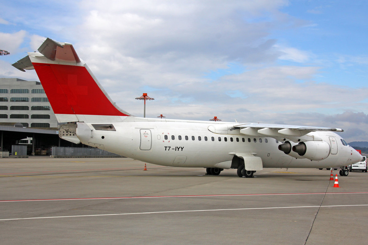 Swiss Global Air Lines, T7-IYY, BAe Avro RJ100, 17.April 2017, ZRH Zürich, Switzerland. Ex HB-IYY, am 15. April aus der SWISS Flotte ausgeschieden.
