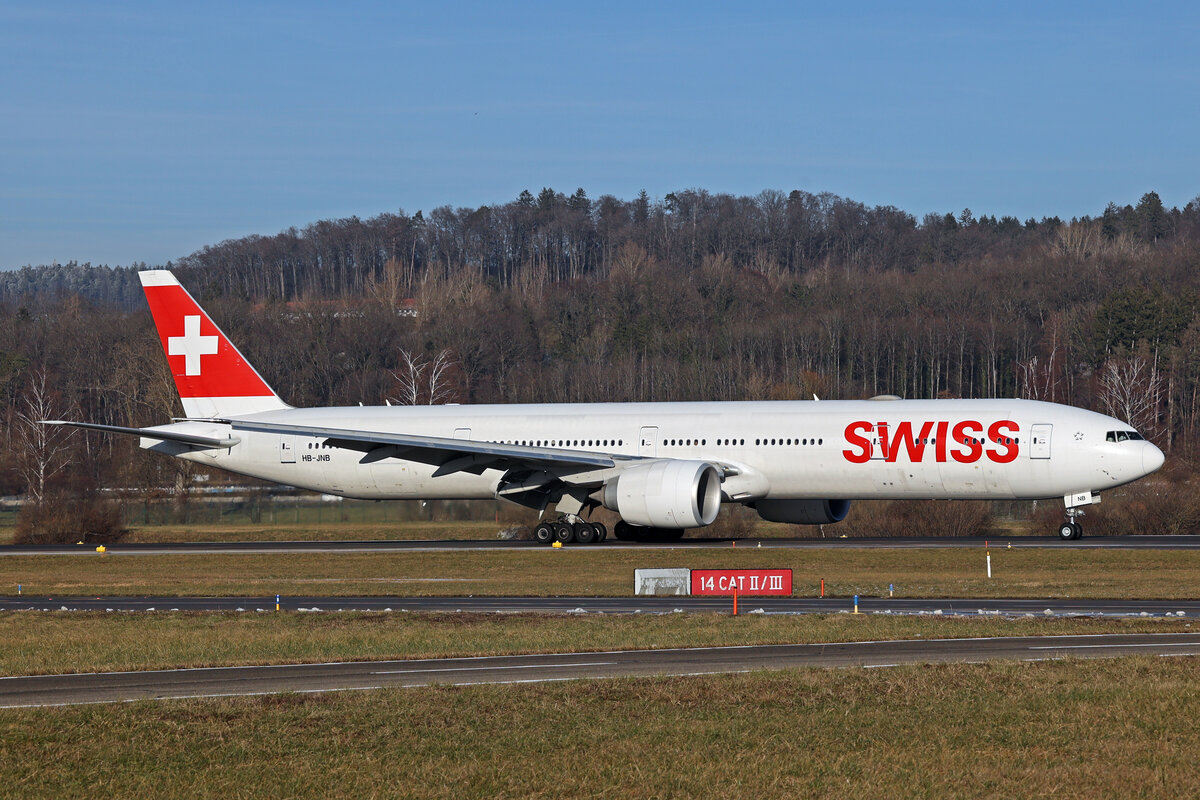 SWISS International Air Lines, HB-JNB, Boeing B777-3DEER, msn: 44583/1383, 14.Januar 2024, ZRH Zürich, Switzerland.