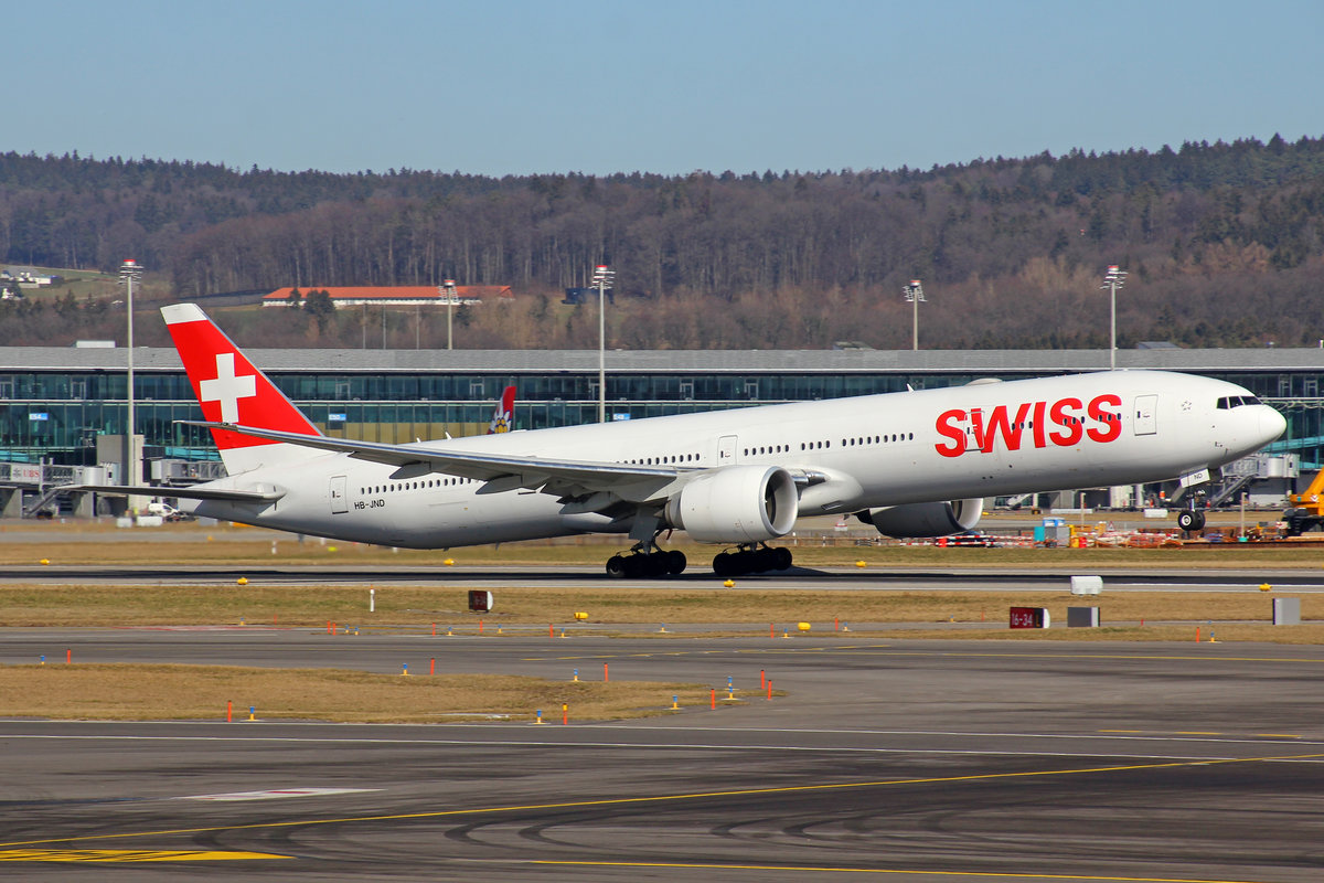 SWISS International Air Lines, HB-JND, Boeing 777-3DEER, msn: 44585/1400, 27.Februar 2019, ZRH Zürich, Switzerland.