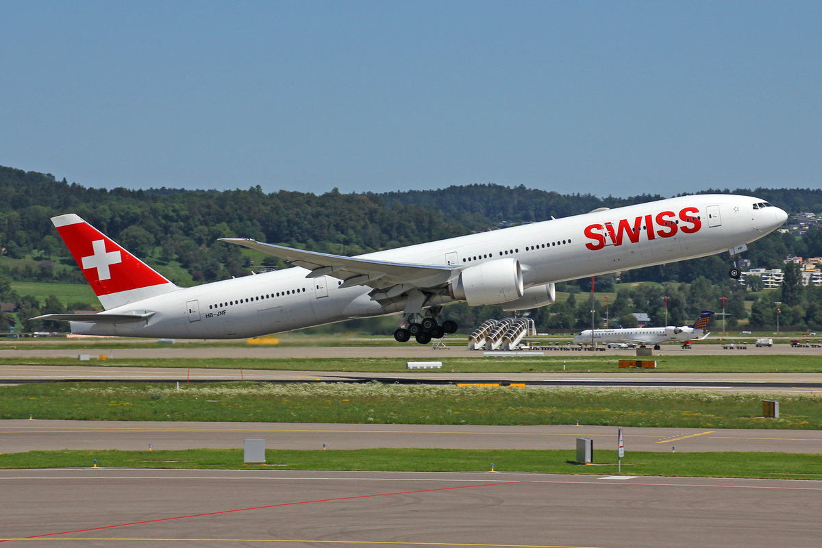 SWISS International Air Lines, HB-JNF, Boeing 777-3DEER, msn: 44587/1416, 18.August 2019, ZRH Zürich, Switzerland.