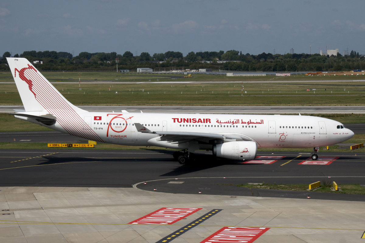 Tunisair, TS-IFN  Sidi Bou Said , Airbus, A 330-343 ~ 70-years TU-TAR - Sticker, DUS-EDDL, Dsseldorf, 21.08.2019, Germany 
