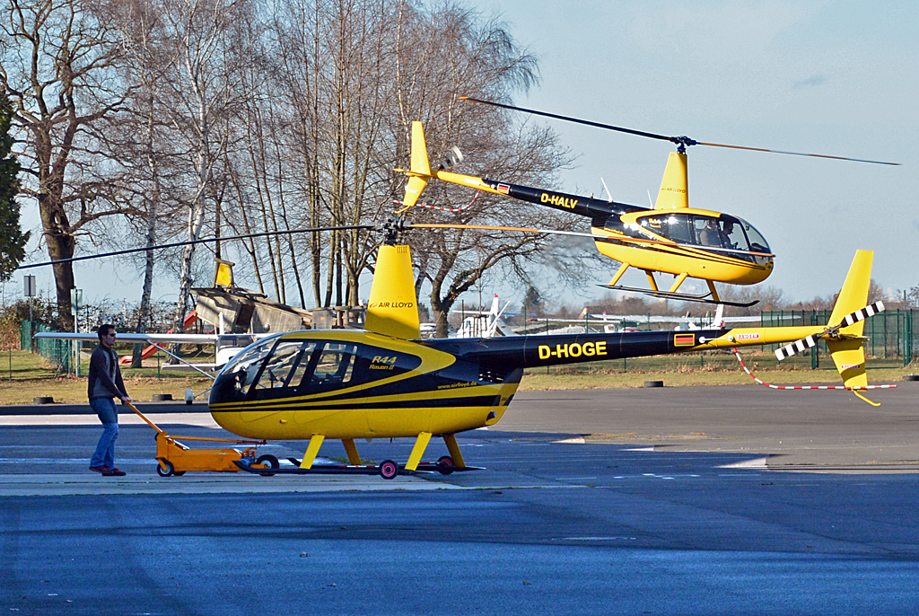 Zwei R-44 der Firma Air Lloyd in Bonn-Hangelar. D-HALV beim Start und D-HOGE beim Einhallen - 12.02.2014