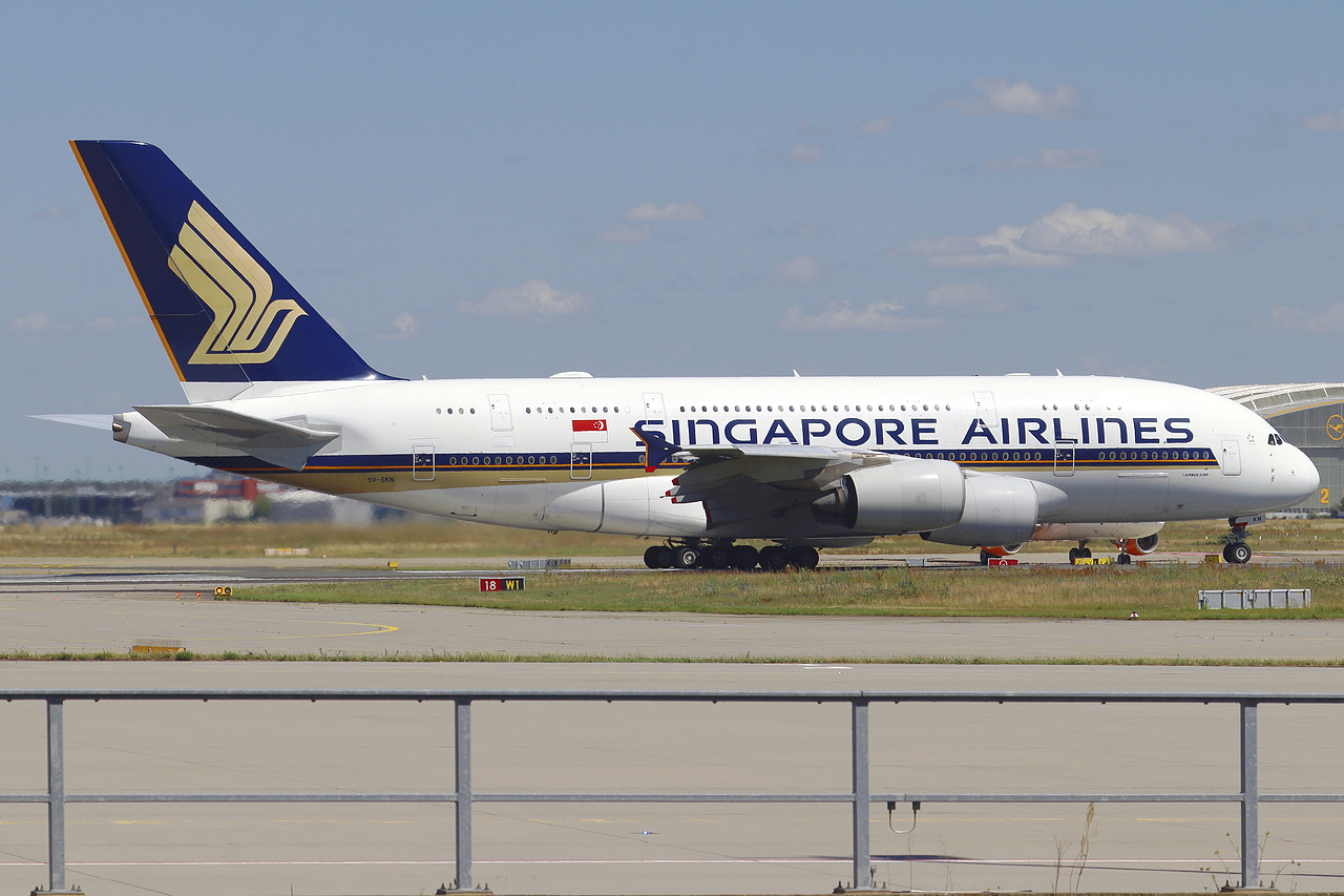 Singapore Airlines Airbus A380-841 9V-SKN beim Start in Frankfurt 13.6.2026