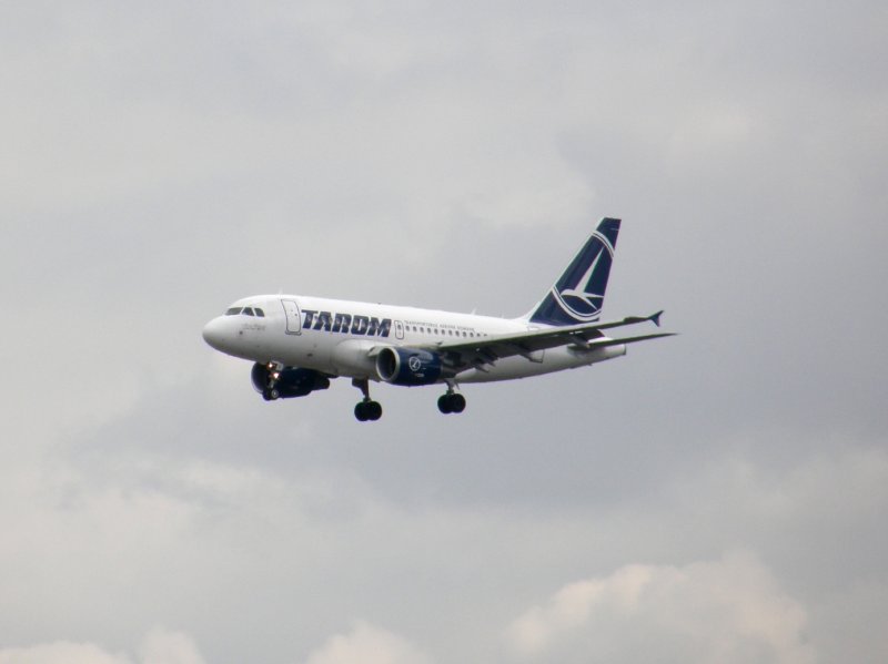 Ein Airbus A 318 der TAROM bei der Landung in Frankfurt am Main am 16.07.2008.