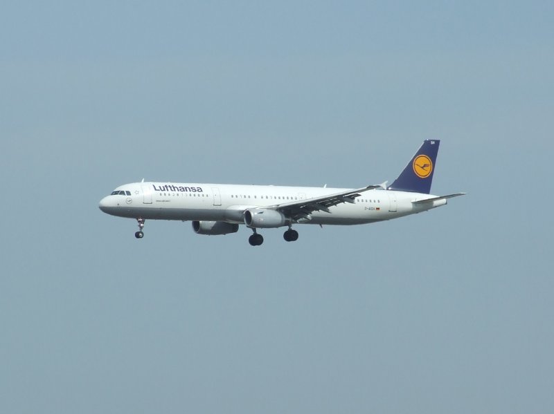 Ein Airbus A 321 der Lufthansa bei der Landung in Frankfurt am Main am 07.08.2008.