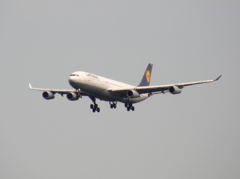Ein Airbus A 340 der Lufthansa beim Landeanflug auf Frankfurt am Main am 07.08.2008.