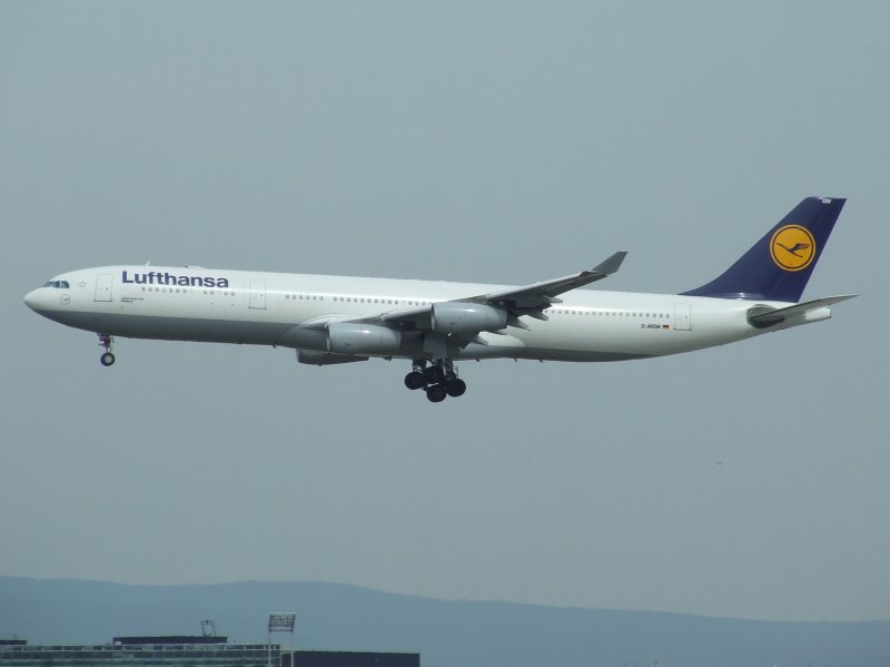 Ein Airbus A 340 der Lufthansa bei der Landung in Frankfurt am Main am 07.08.2008.