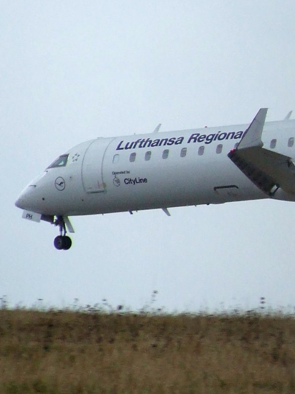 Ein Lufthansa Regional Canadair Jet kurz vor dem Aufsetzen in Dsseldorf am 22.12.2008.