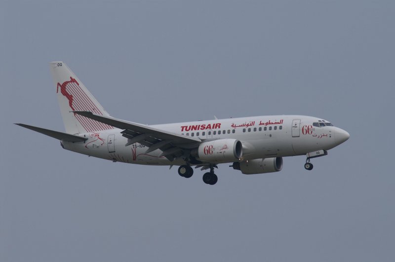 Eine Boeing 737-6H3 der Tunisair (mit 60 Jahre Sonderlackierung) mit der Kennung TS-IOQ aufgenommen am 04.04.09 am Zricher Flughafen.