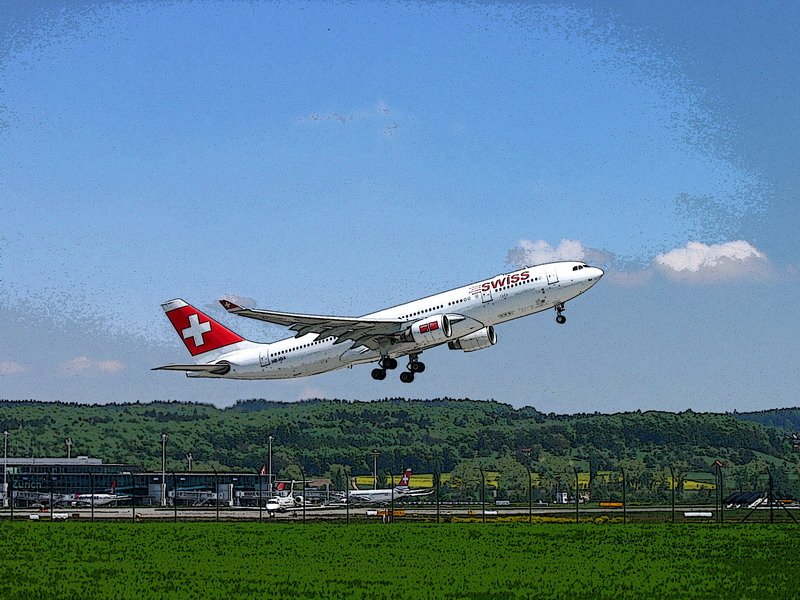 Swiss International Air Lines, HB-IQA, Airbus A330-223. Der Airbus hebt von RWY 16 im Licht der Mittagssonne ab. Mal etwas anders anzuschauen durch Bildbearbeitung ( Kantenbetonung ) mit ACDSee.11.5.2006.